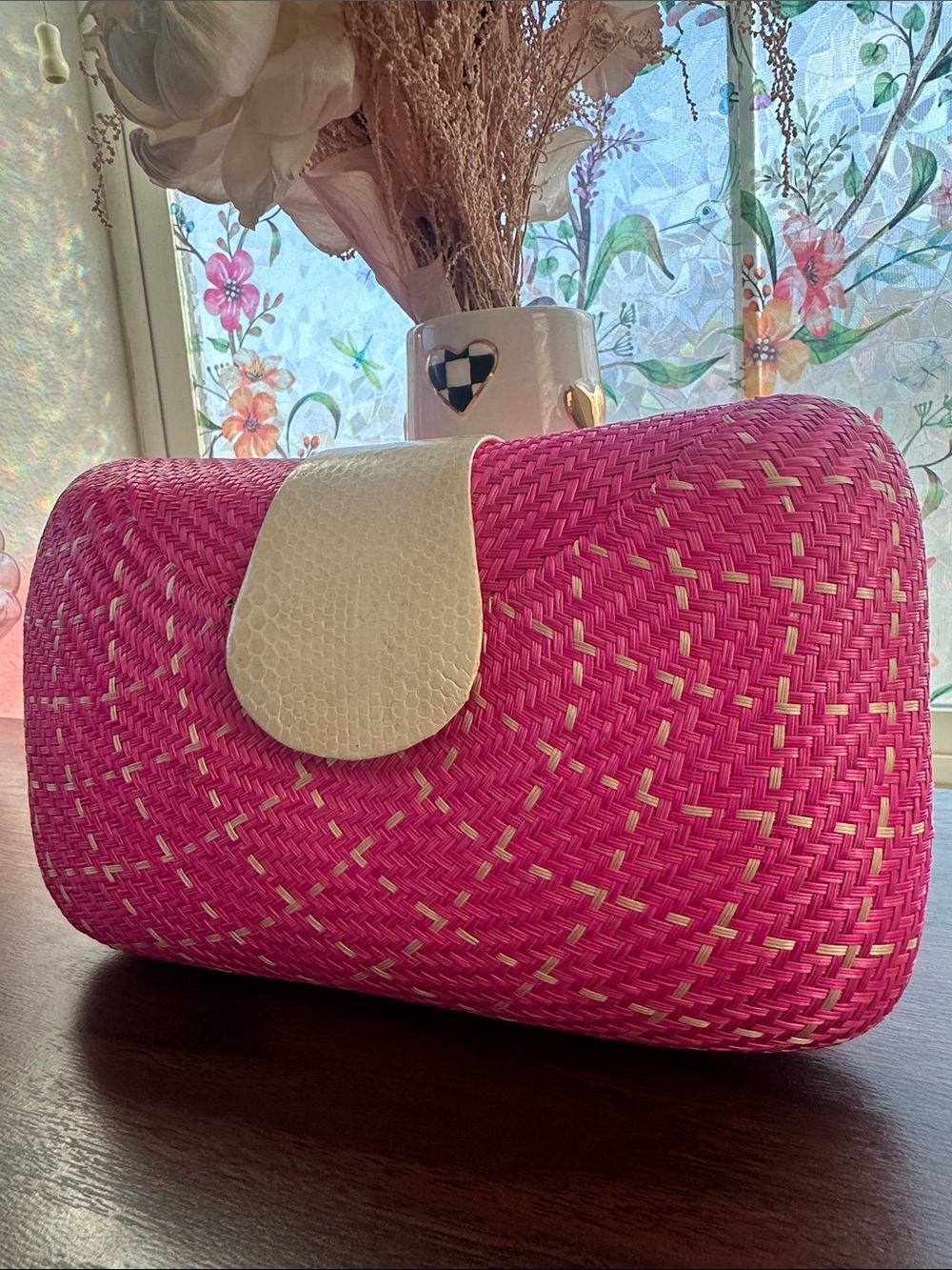Lea Nealon Pink Woven Straw Clutch Crossbody Bag Resort Vacation